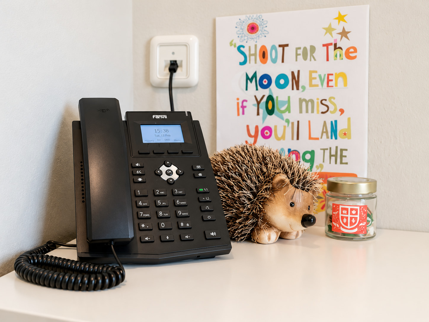 An IP phone in a boarding room at Schloss Krumbach International School. Every room has one for contacting parents on the phone-free campus.