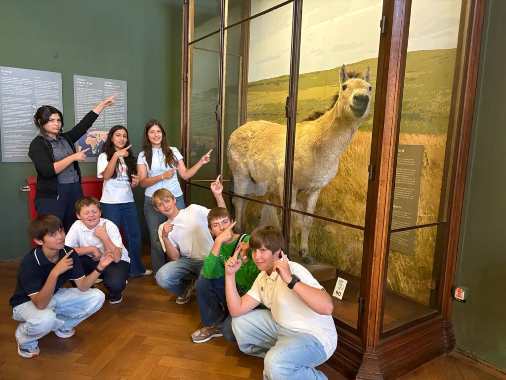 Schloss Krumbach International School students pose and point toward a preserved horse in a glass museum display case.