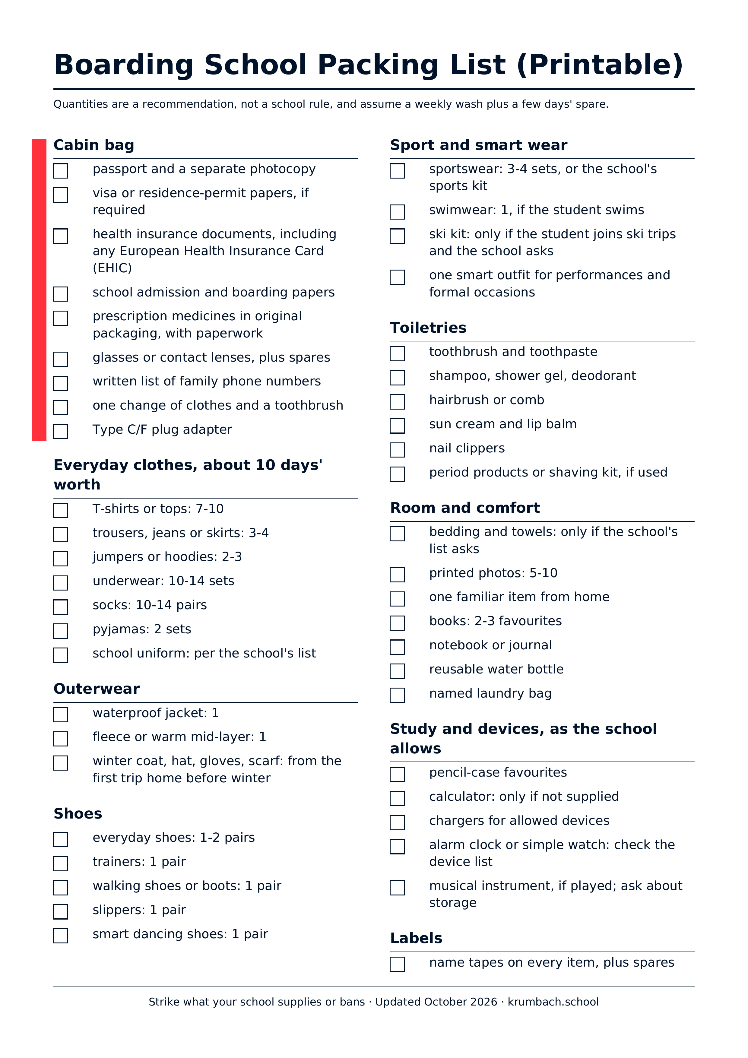 Printable one-page boarding school packing checklist from Schloss Krumbach International School: nine groups from cabin bag to name labels, each with tick boxes and recommended quantities.
