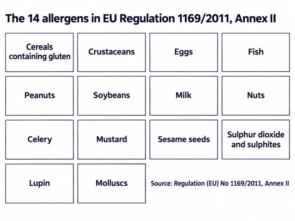The 14 allergens listed in Annex II of EU Regulation 1169/2011, shown as a text grid