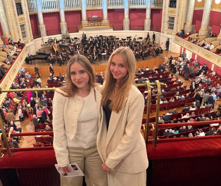 Two Schloss Krumbach International School students at the Wiener Konzerthaus overlooking the orchestra and concert hall.