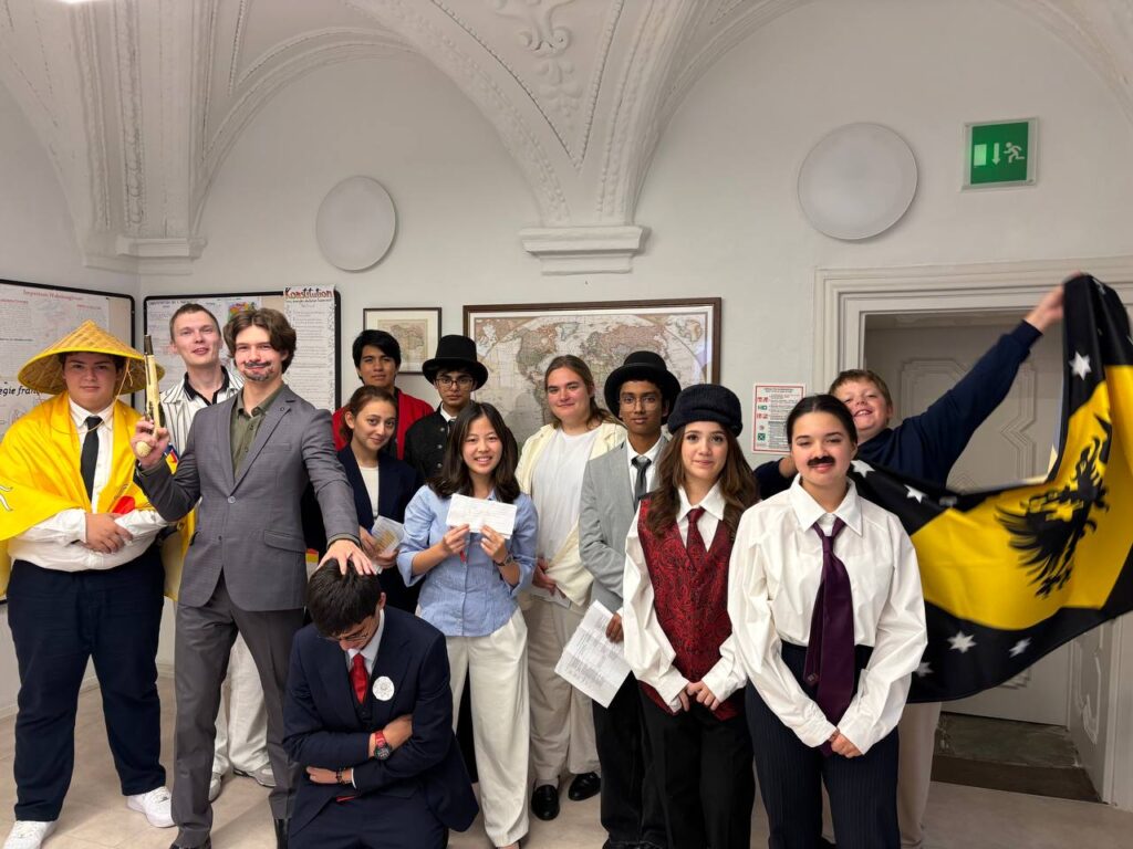 Schloss Krumbach International School students dressed as historical delegates during a World War I diplomacy simulation.