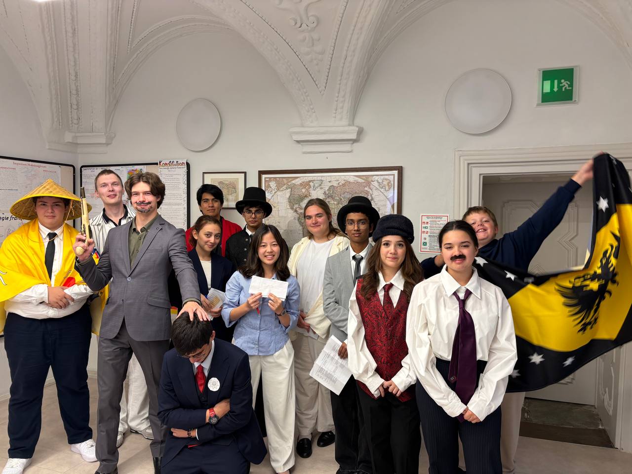 Schloss Krumbach International School students dressed as historical delegates during a World War I diplomacy simulation.