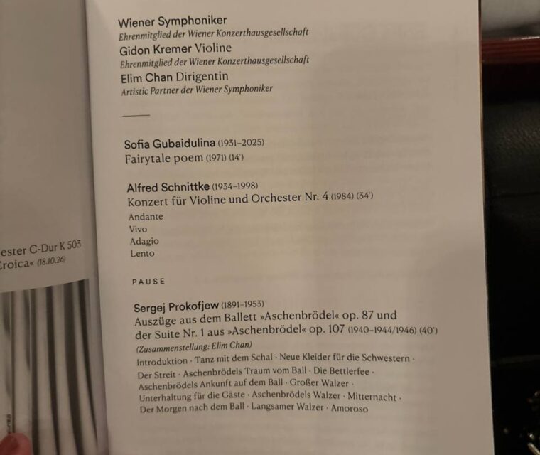 Concert programme featuring the Wiener Symphoniker, violinist Gidon Kremer, and conductor Elim Chan at the Wiener Konzerthaus.